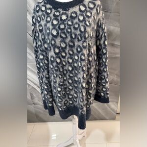 Current/Elliott Oversized Leopard Print Sweater L Navy Cream Crewnec